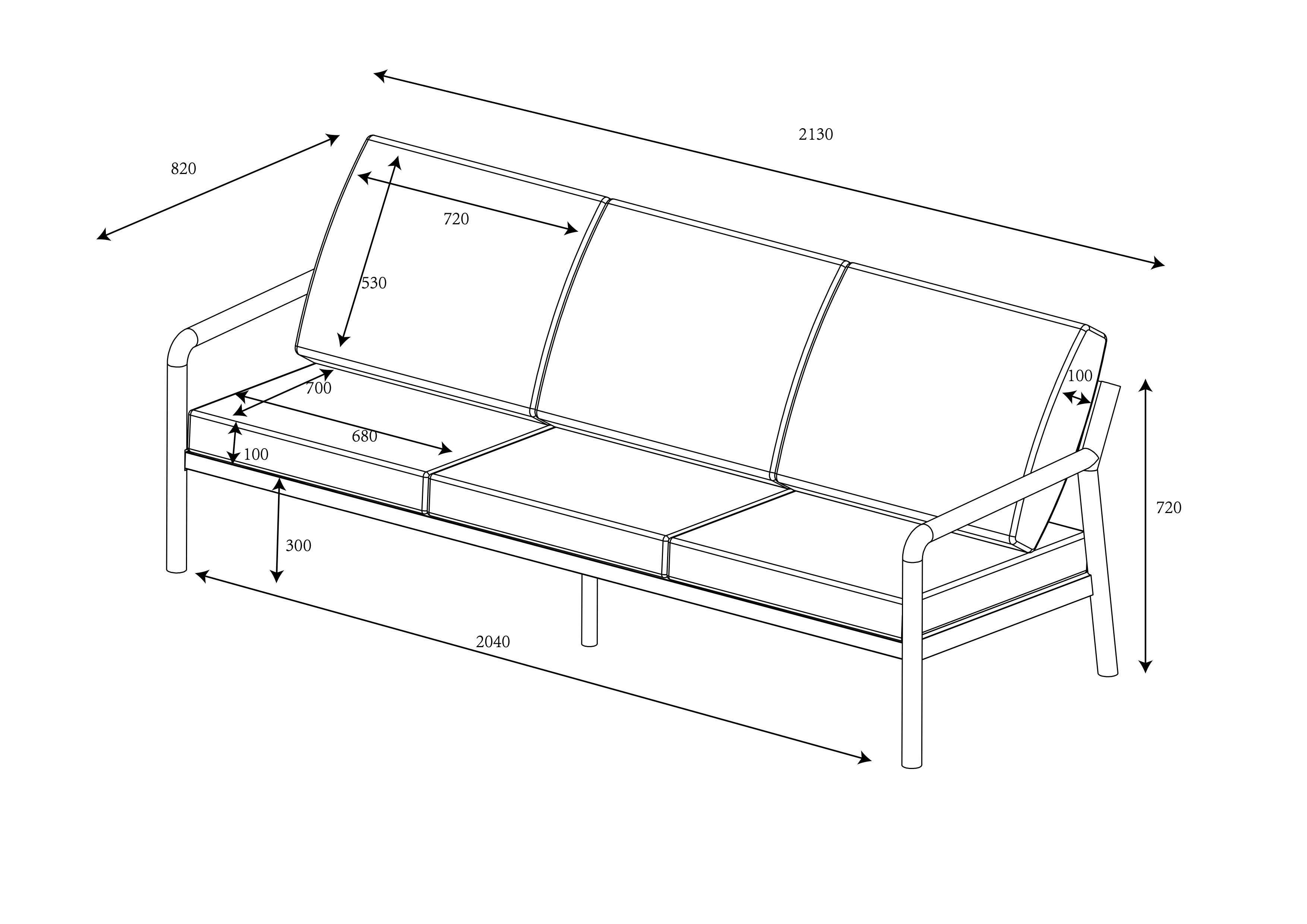 Sahara 3 Seat Lounge Set with Adjustable Table dimensions